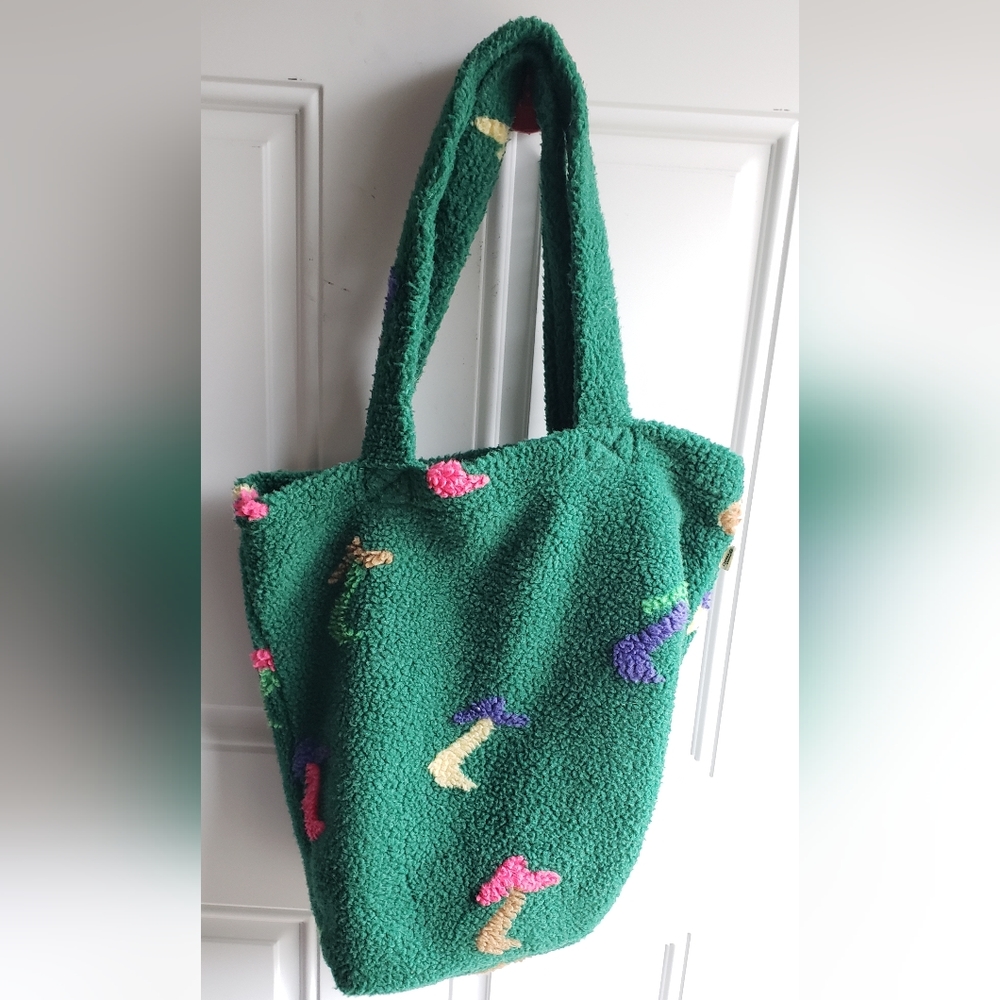 Parks Project Dancing Shrooms Fleece Tote Bag Green Soft Teddy Mushroom Sherpa